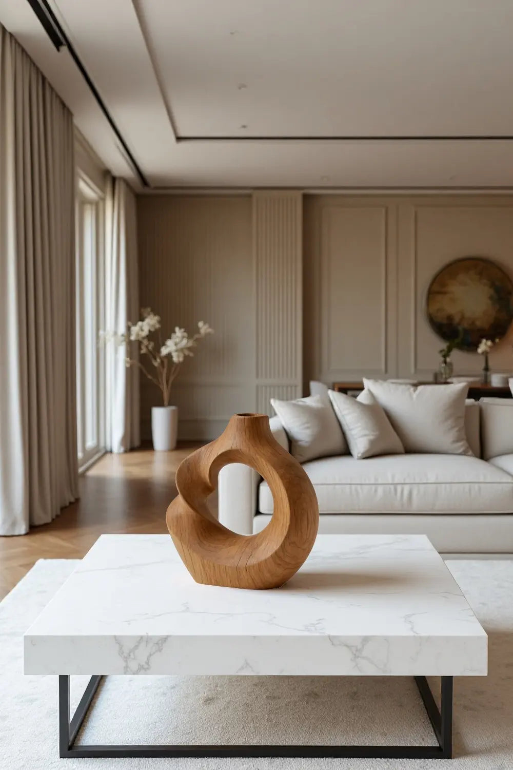 Modern Hollow Wood Sculpture Vase Hand Carved Natural Wood Decor Accent