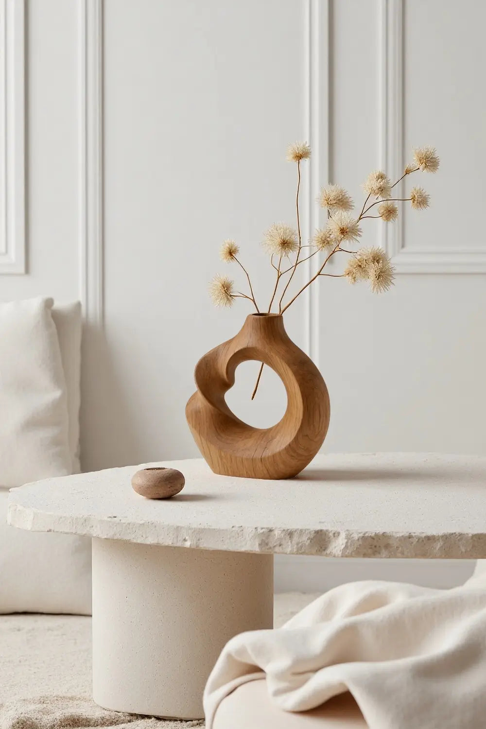 Modern Hollow Wood Sculpture Vase Hand Carved Natural Wood Decor Accent