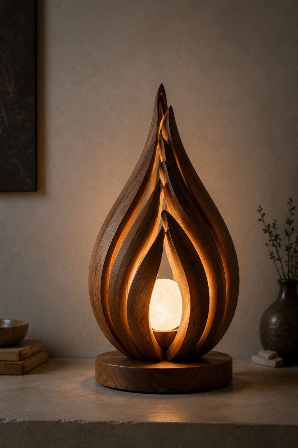 Lotus Bud Wooden Art Lamp | Sculptural Petal Mood Light for Home Decor