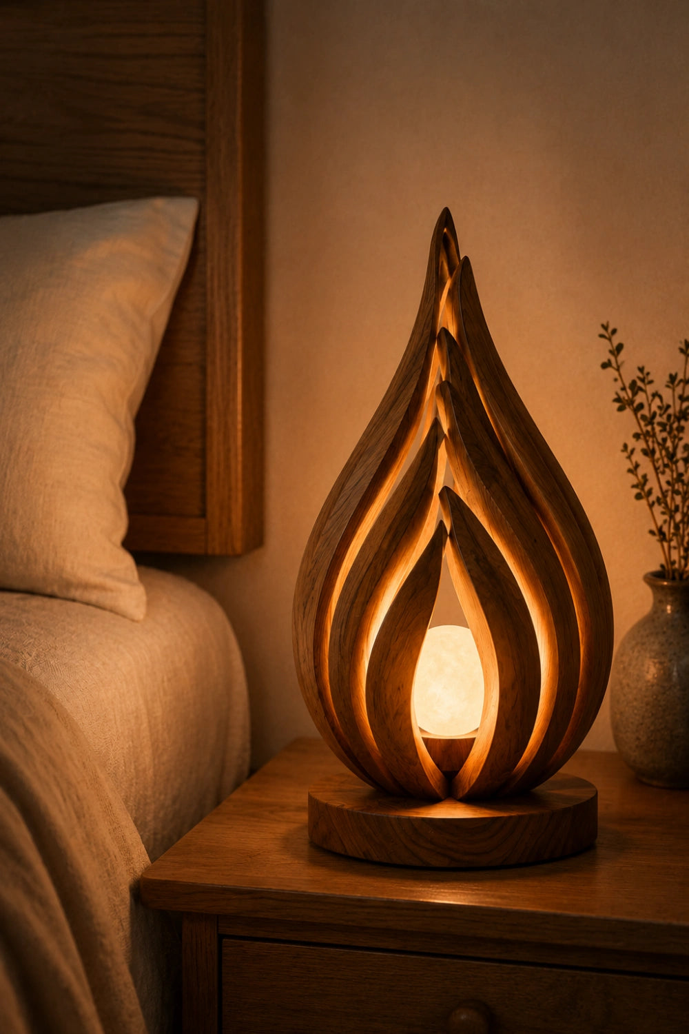 Lotus Bud Wooden Art Lamp | Sculptural Petal Mood Light for Home Decor