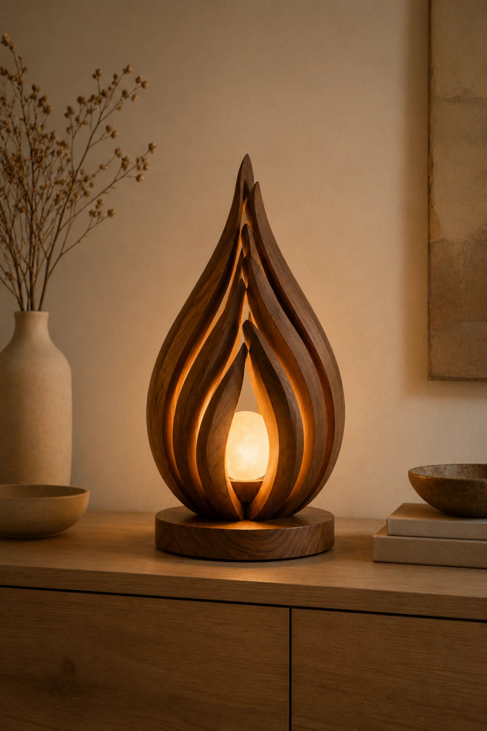 Lotus Bud Wooden Art Lamp | Sculptural Petal Mood Light for Home Decor