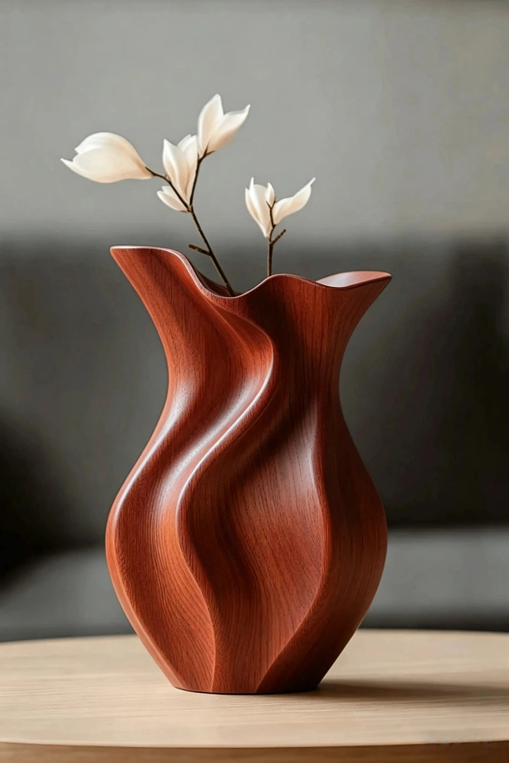 Wood Sculptural Rippled Wood Art Vase | Elegant Modern Home Decor Gift