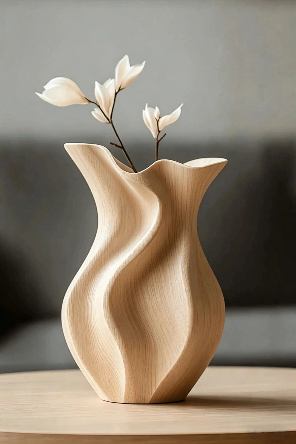 Wood Sculptural Rippled Wood Art Vase | Elegant Modern Home Decor Gift