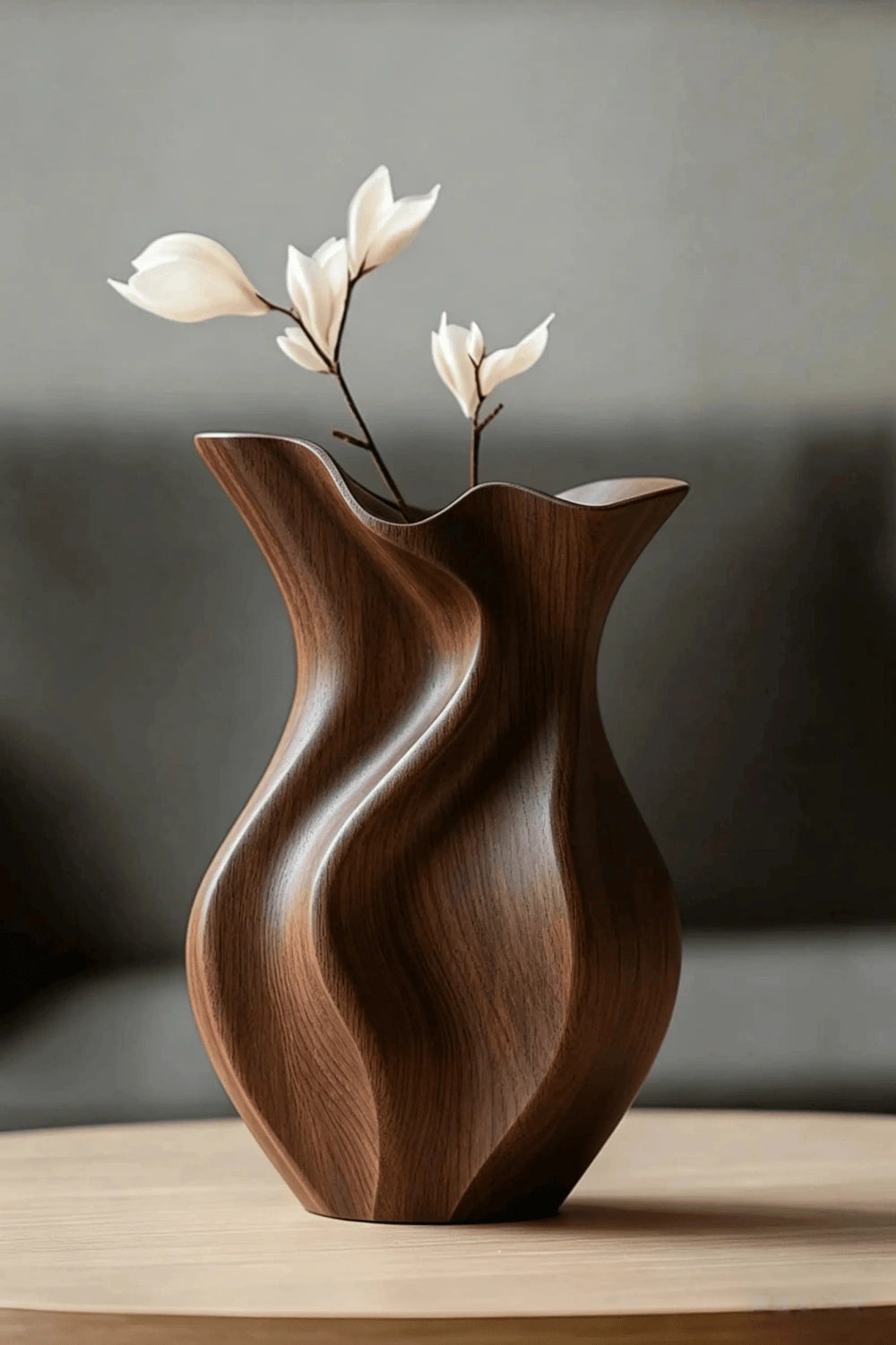 Wood Sculptural Rippled Wood Art Vase | Elegant Modern Home Decor Gift