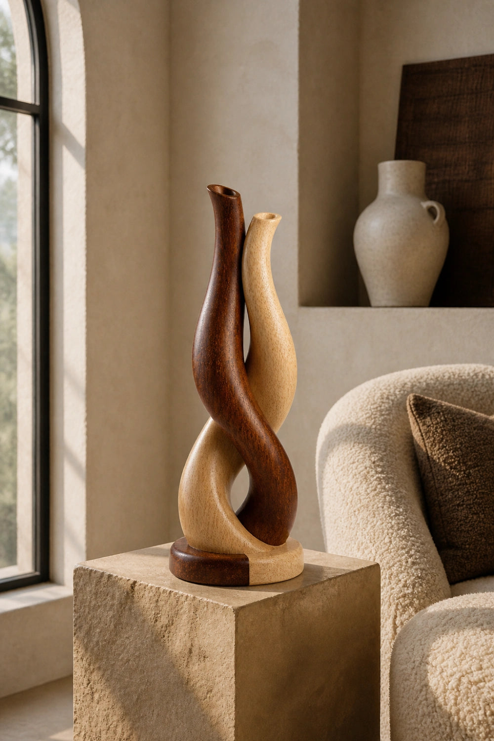 Modern Intertwined Two-Tone Wood Vase | Abstract Sculpture for Home Decor & Gift