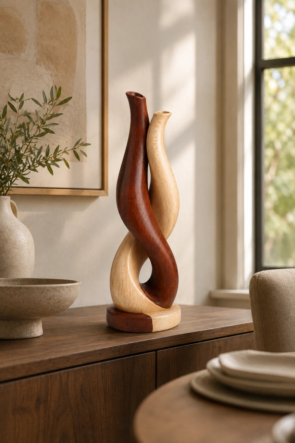 Modern Intertwined Two-Tone Wood Vase | Abstract Sculpture for Home Decor & Gift