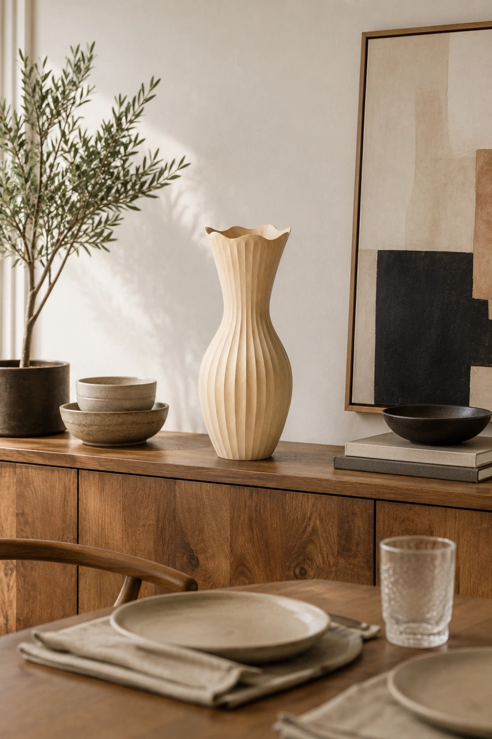 Scalloped Fluted Wood Vase | Wavy Ribbed Home Decoration | Unique Space Gift