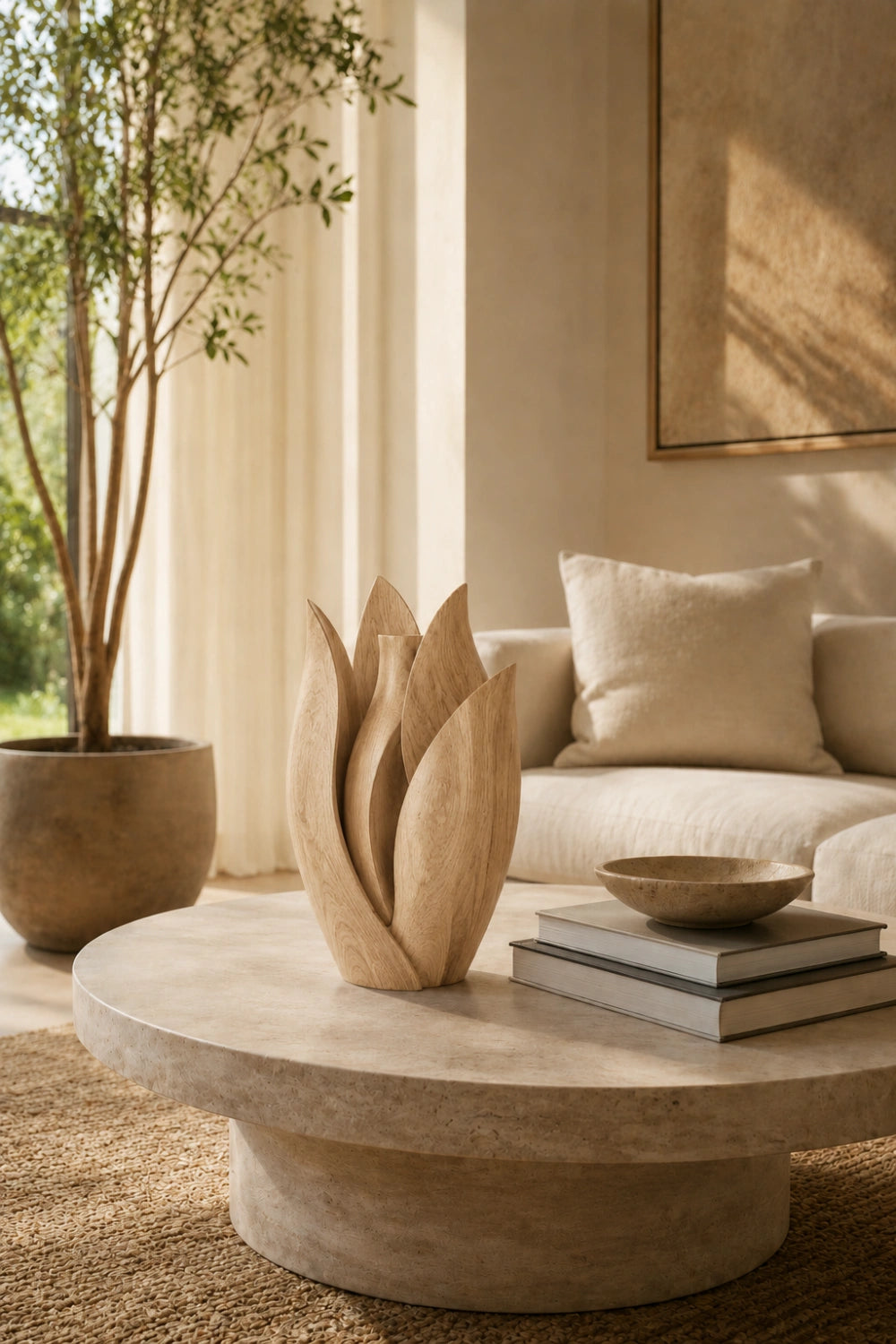 Blooming Tulip Wood Vase | Artistic Petal Sculpture for Modern Space Decor