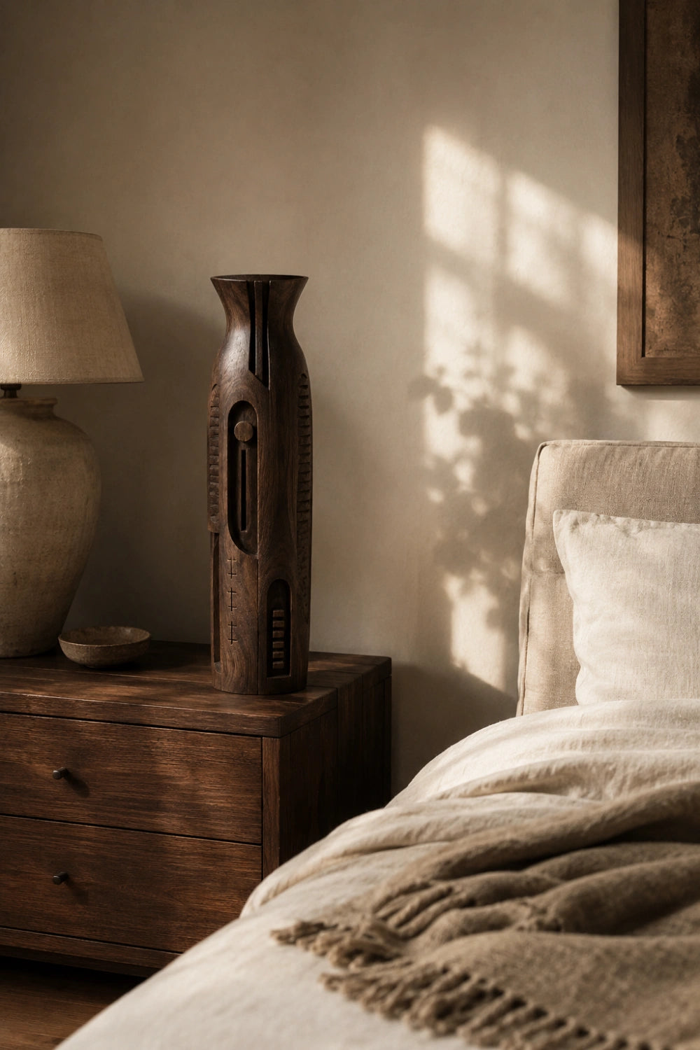 Linear Carved Wood Floor Vase | Sleek Geometric Sculpture | Modern Space Decor