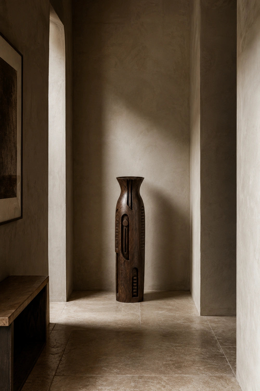 Linear Carved Wood Floor Vase | Sleek Geometric Sculpture | Modern Space Decor