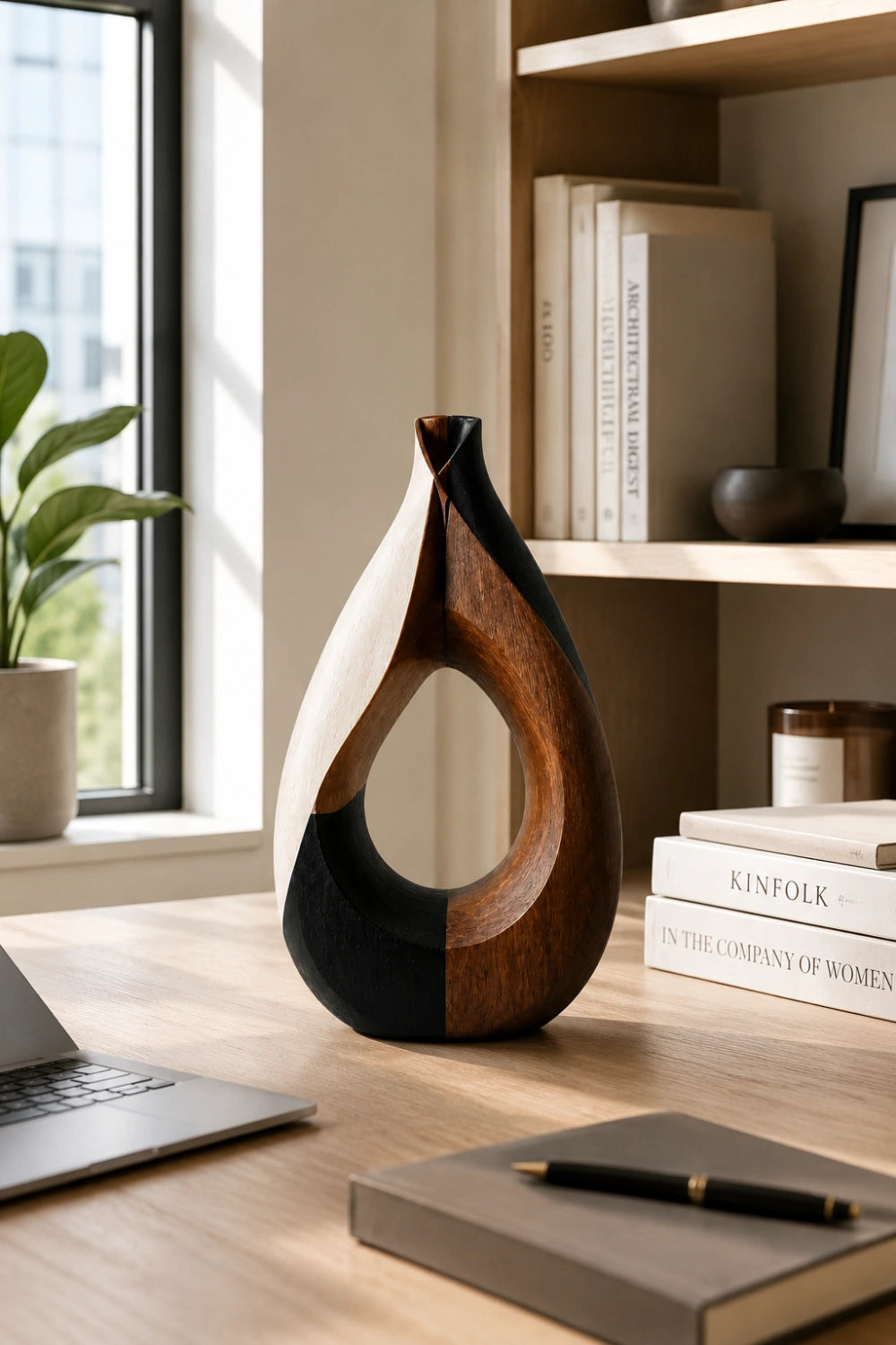 Mixed Wood Teardrop Vase | Sculptural Tri-Tone Vessel Unique Gift Idea