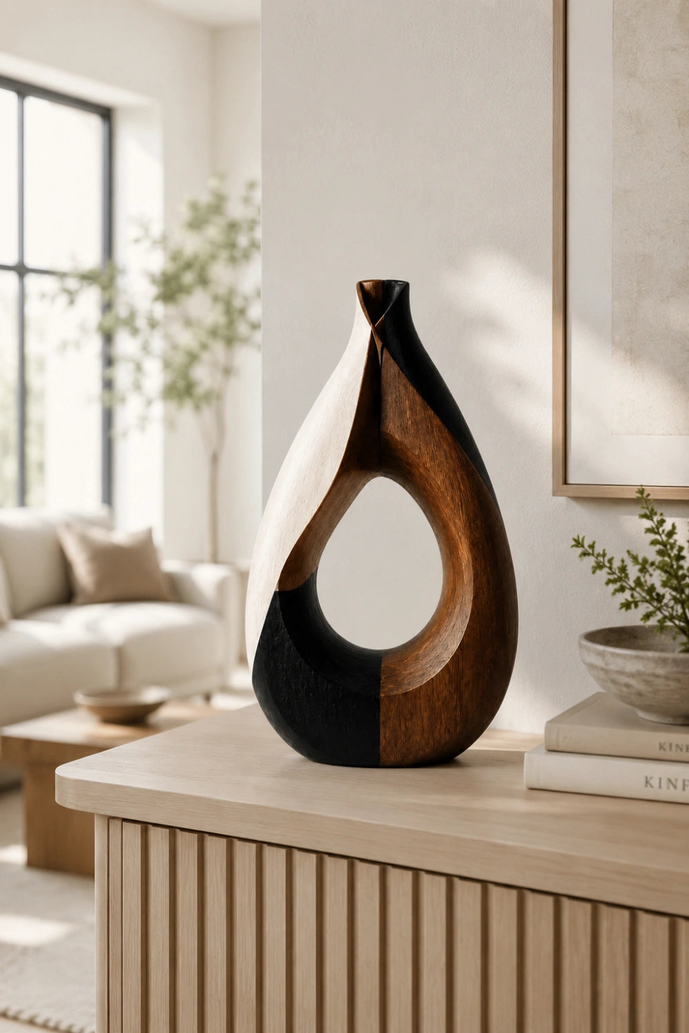 Mixed Wood Teardrop Vase | Sculptural Tri-Tone Vessel Unique Gift Idea