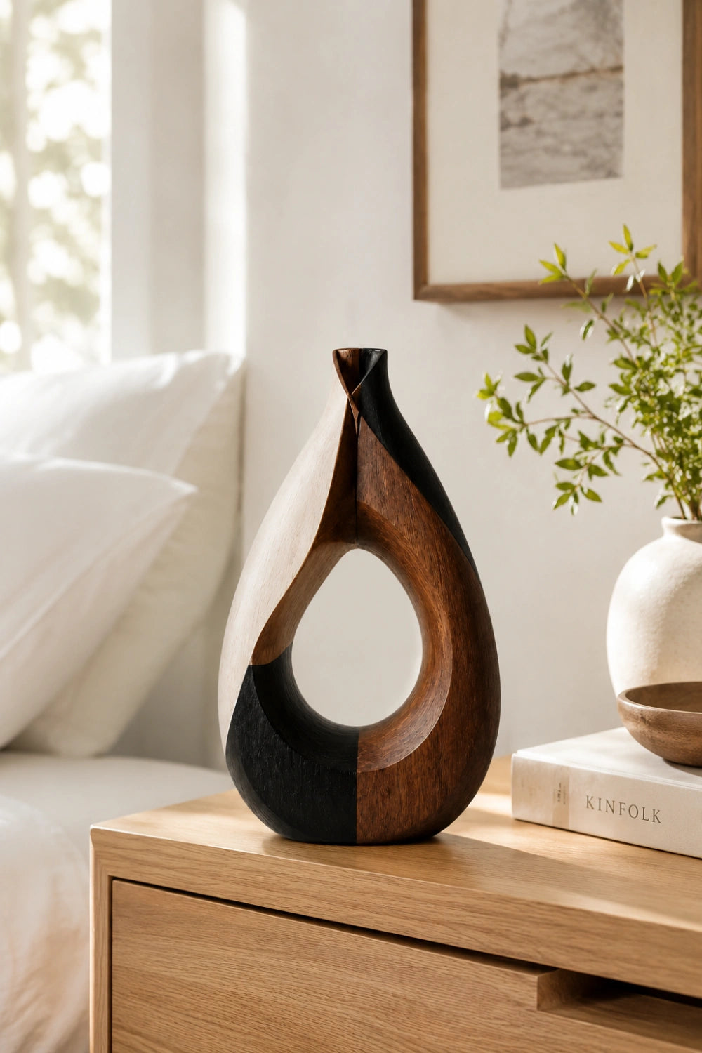 Mixed Wood Teardrop Vase | Sculptural Tri-Tone Vessel Unique Gift Idea