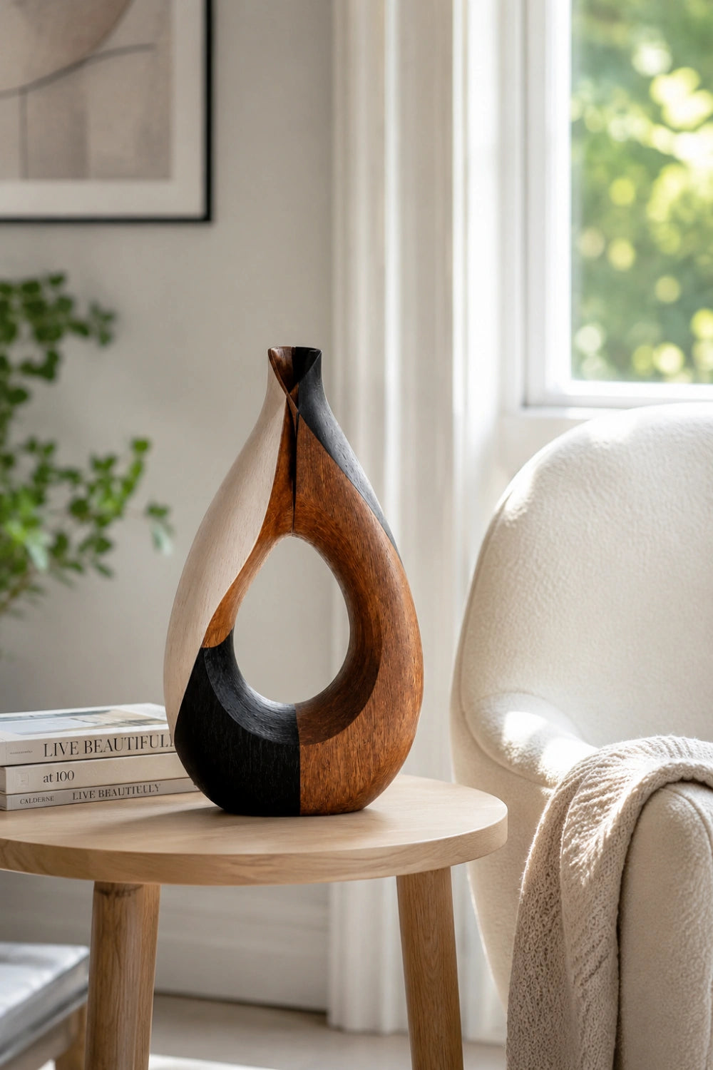 Mixed Wood Teardrop Vase | Sculptural Tri-Tone Vessel Unique Gift Idea