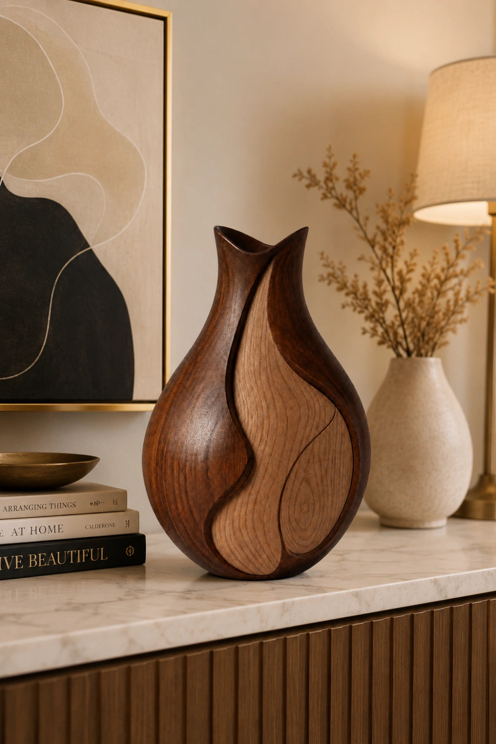 Luxury Wooden Art Vase Elegant Asymmetric Shape Premium Home Decoration Item