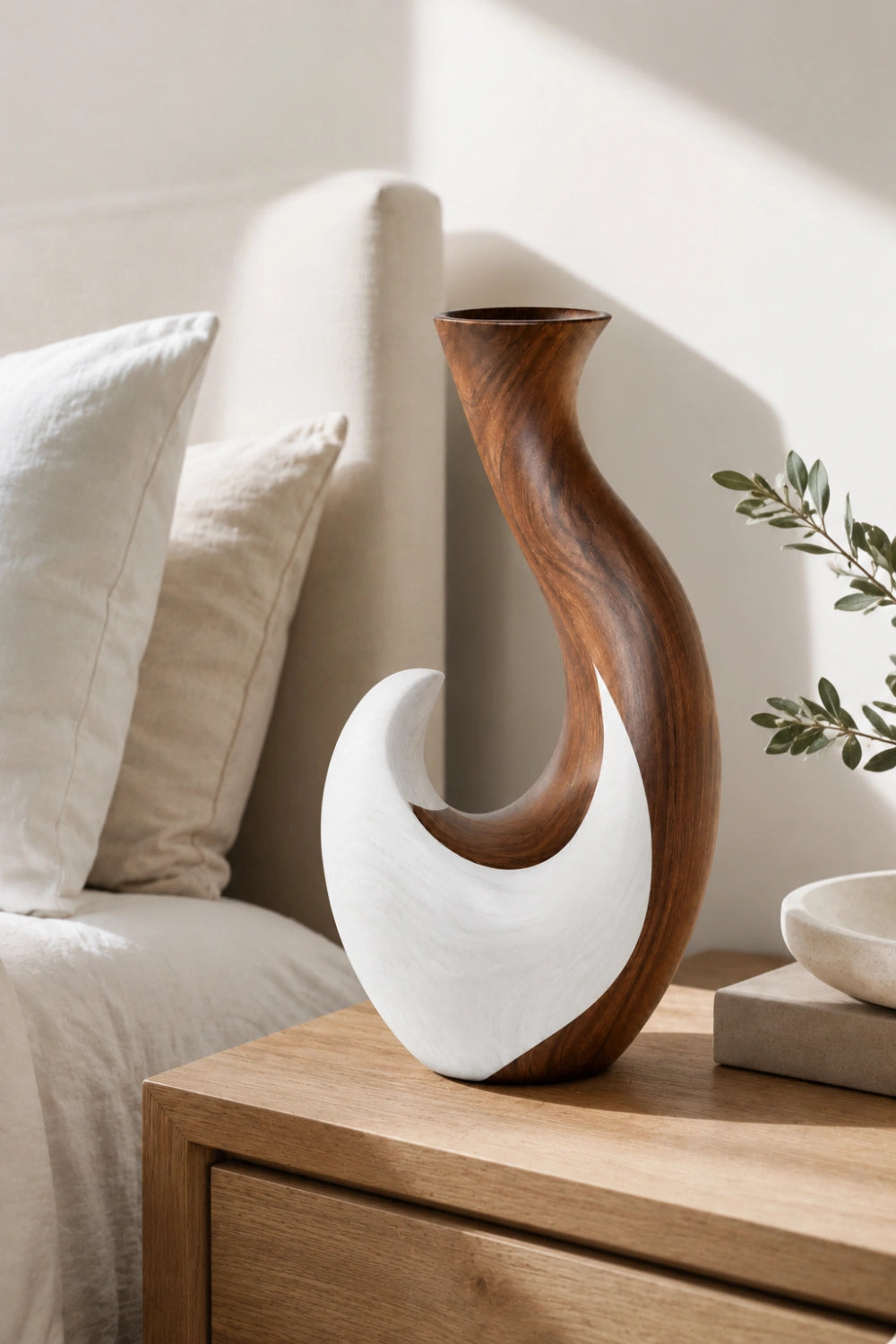 Hand-Carved Abstract Wooden Vase Modern Asymmetrical Home Decor Art Piece