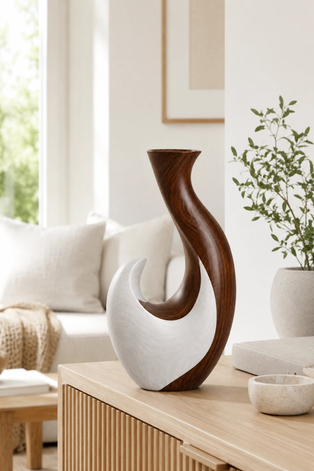 Hand-Carved Abstract Wooden Vase Modern Asymmetrical Home Decor Art Piece