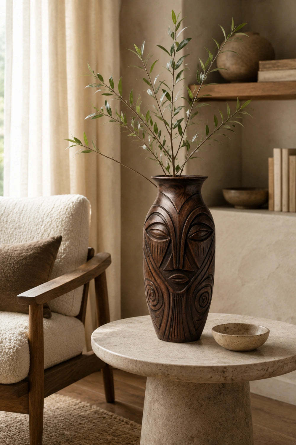 Large Handmade Wooden Floor Vase With Intricate Spiral Patterns And Dark Finish