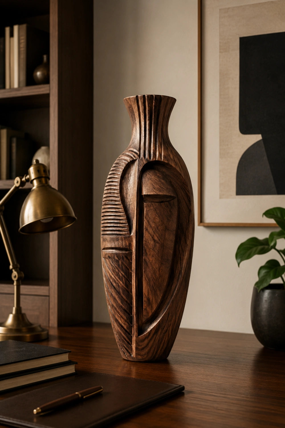 Hand Carved Abstract Wooden Vase African Tribal Wabi Sabi Decor