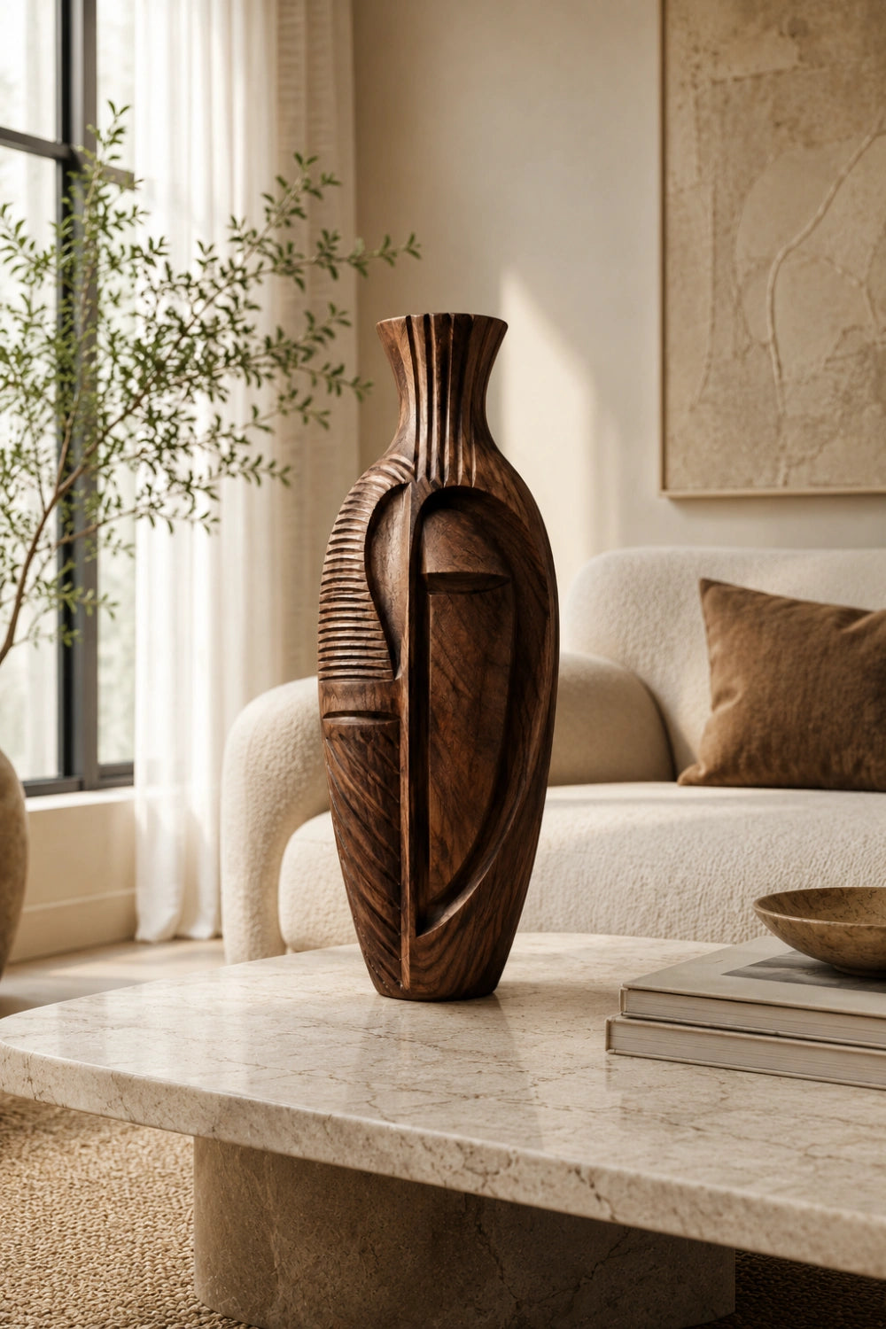 Hand Carved Abstract Wooden Vase African Tribal Wabi Sabi Decor