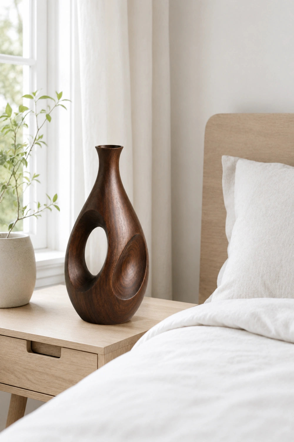 Artistic Walnut Wood Vase Handmade Sculptural Decor For Contemporary Interiors