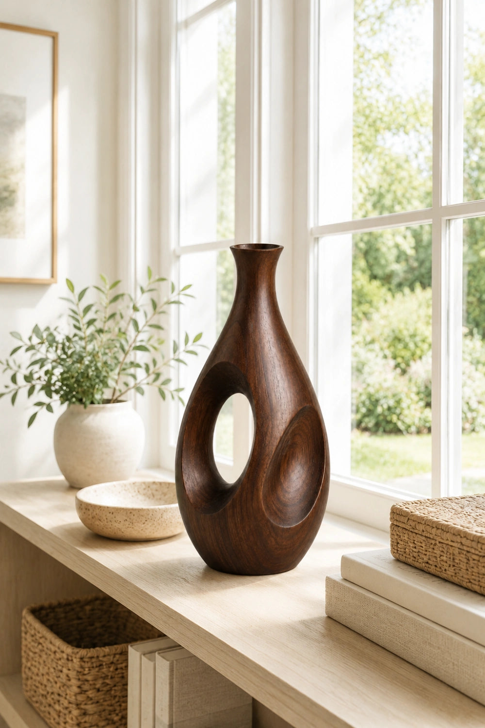 Artistic Walnut Wood Vase Handmade Sculptural Decor For Contemporary Interiors