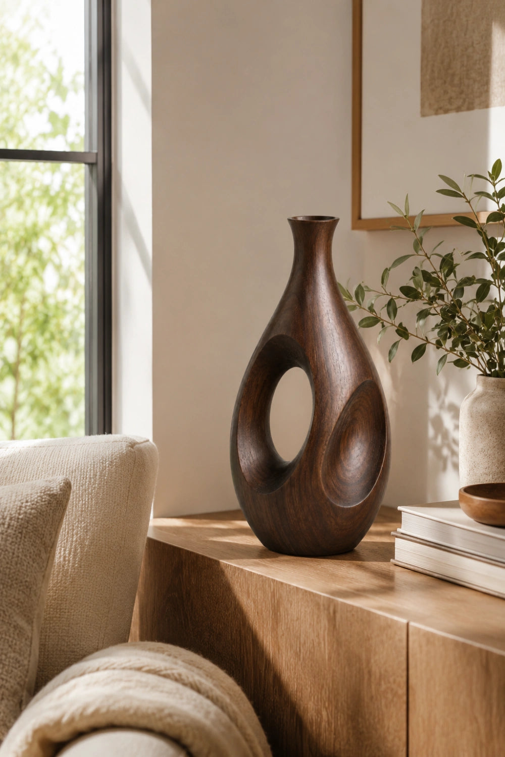 Artistic Walnut Wood Vase Handmade Sculptural Decor For Contemporary Interiors