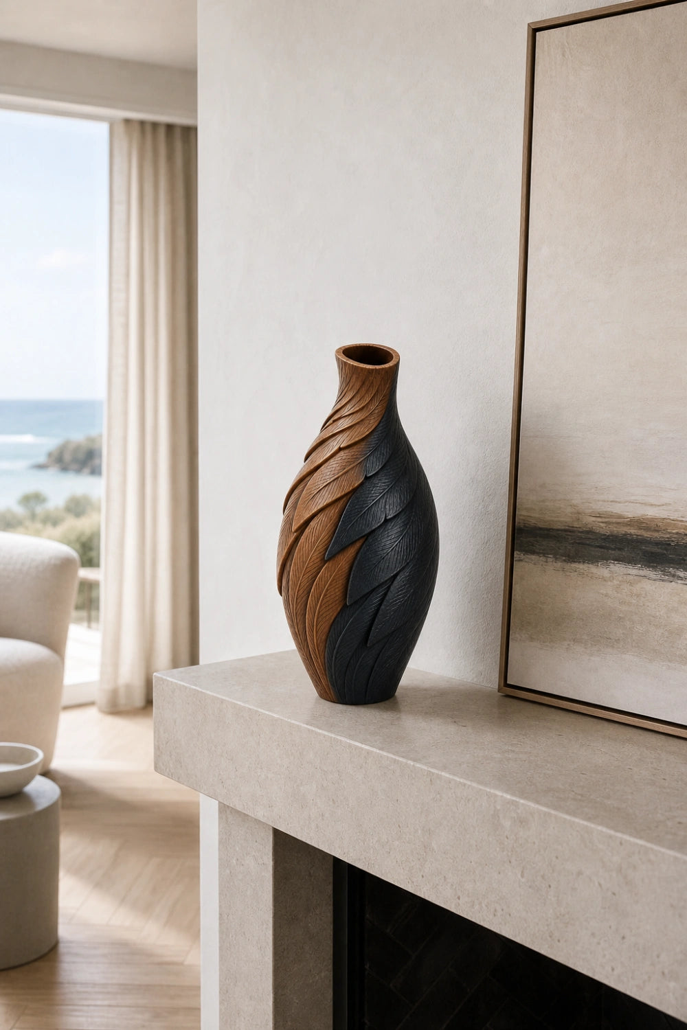 Modern Minimalist Wood Vase Abstract Spiral Design Luxury Home Accent