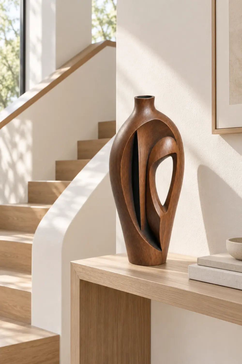 Hand-Carved Abstract Wooden Vase Modern Sculptural Art For Home Decor