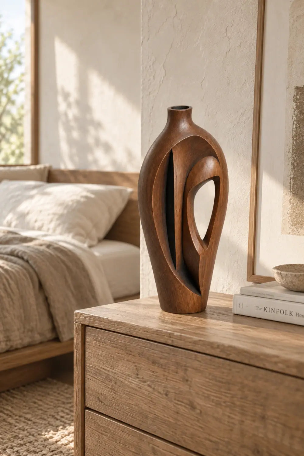 Hand-Carved Abstract Wooden Vase Modern Sculptural Art For Home Decor