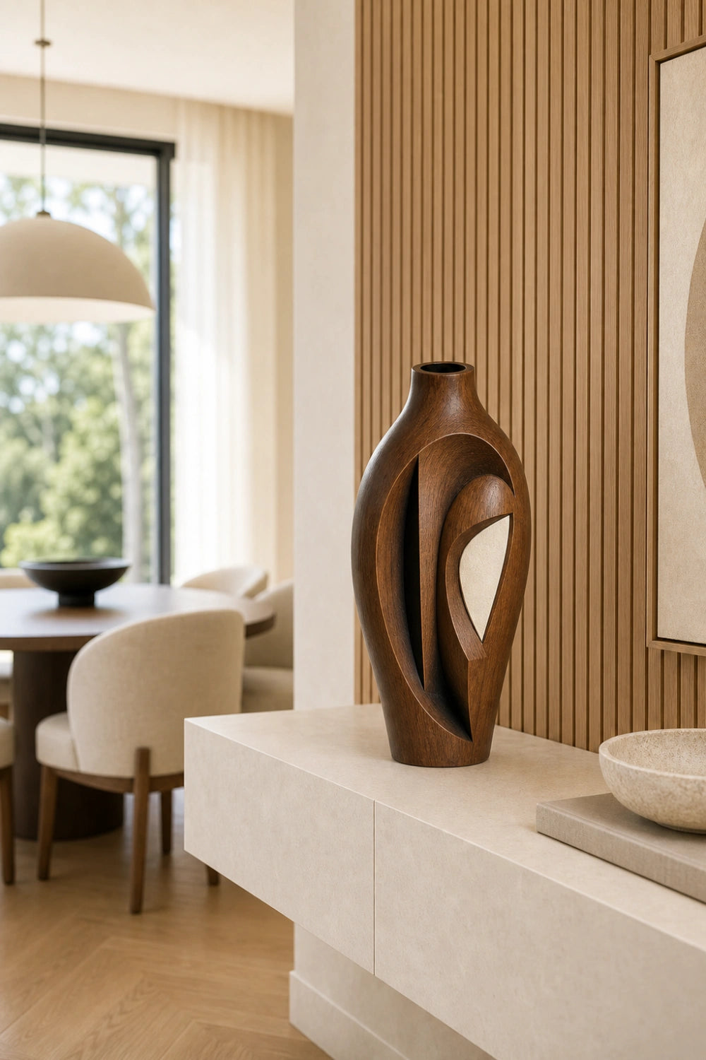Hand-Carved Abstract Wooden Vase Modern Sculptural Art For Home Decor