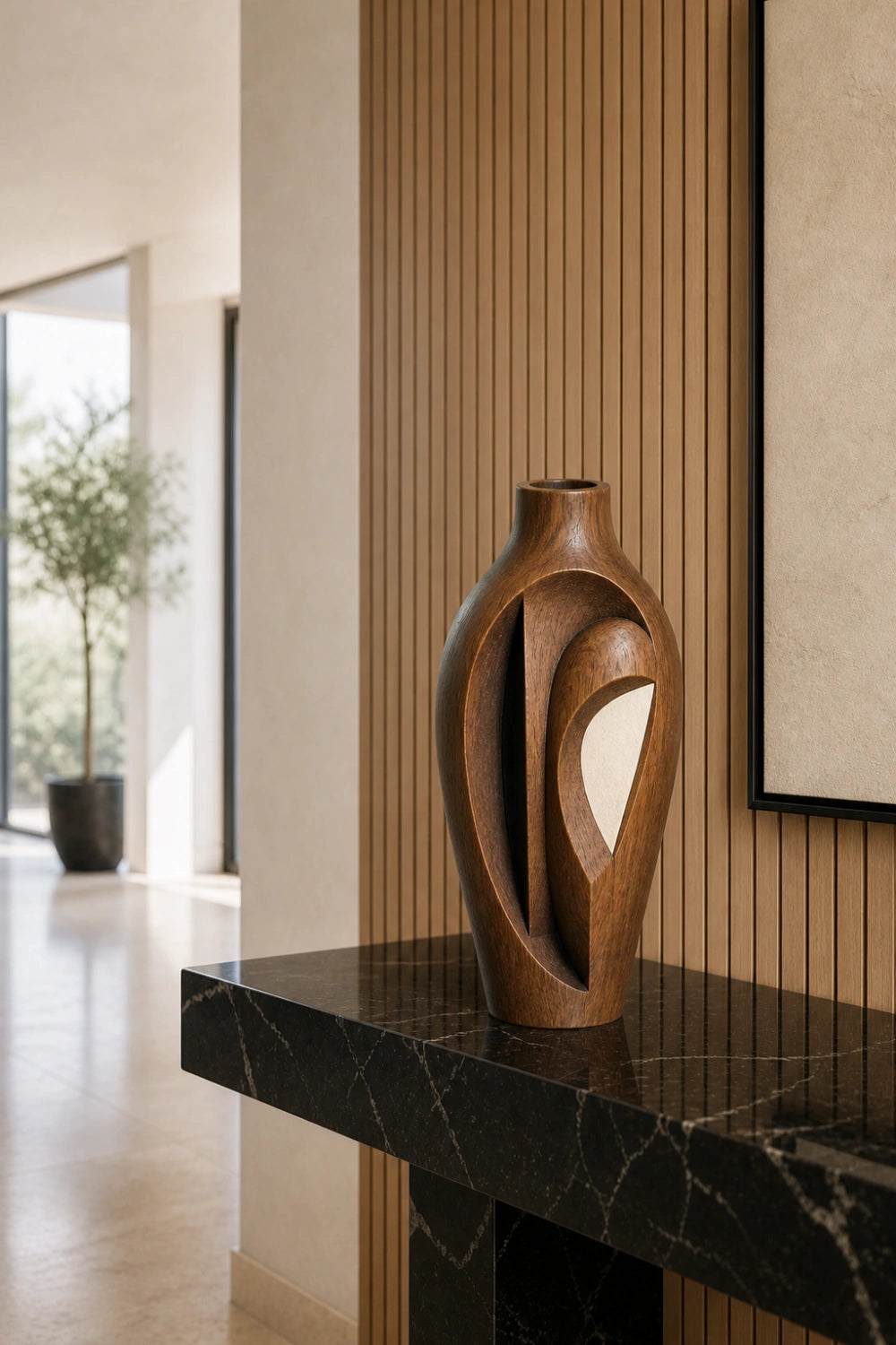 Hand-Carved Abstract Wooden Vase Modern Sculptural Art For Home Decor
