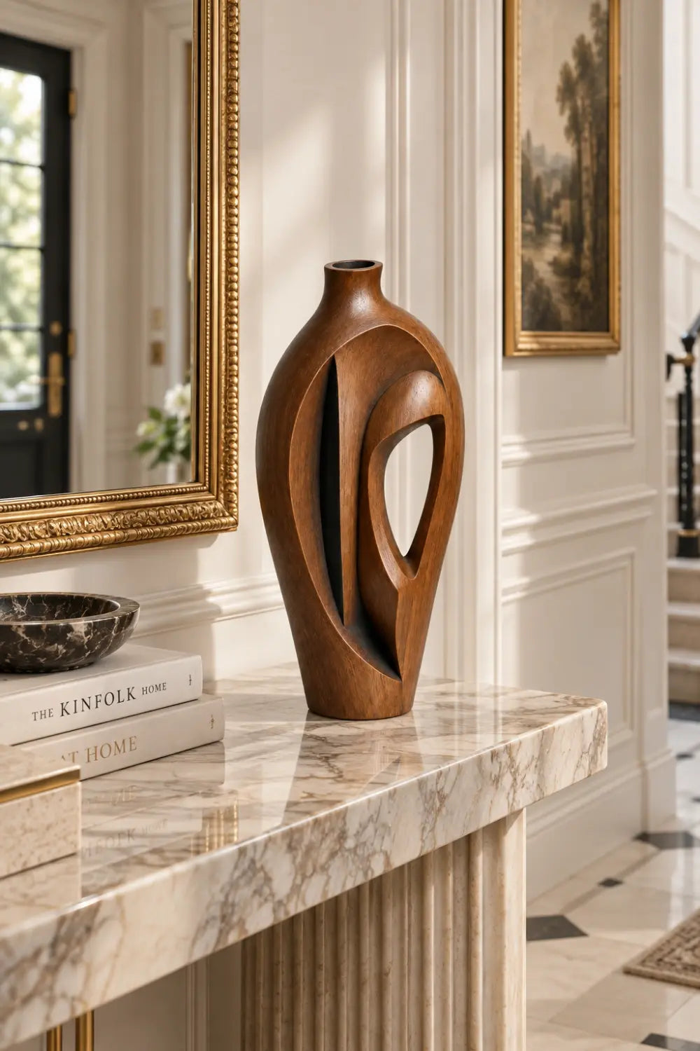 Hand-Carved Abstract Wooden Vase Modern Sculptural Art For Home Decor