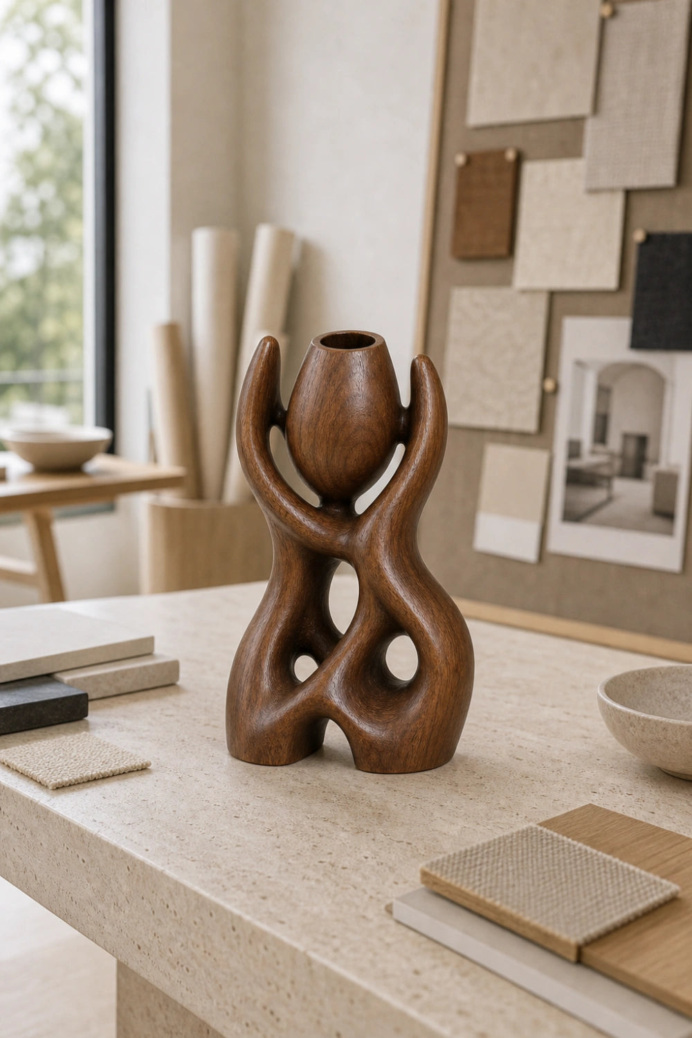 Modern Abstract Wooden Vase Sculpture For Minimalist Interior Design