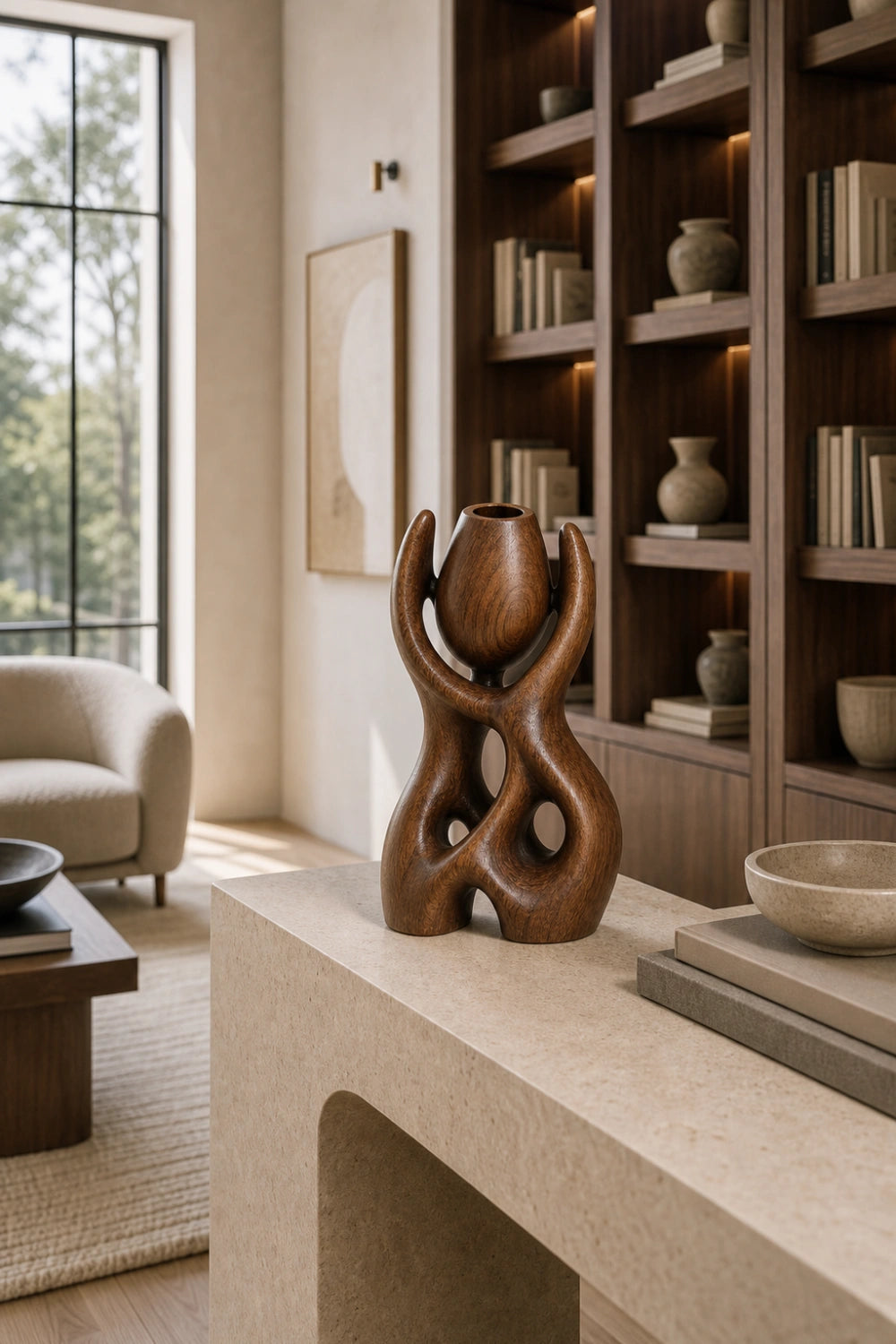 Modern Abstract Wooden Vase Sculpture For Minimalist Interior Design