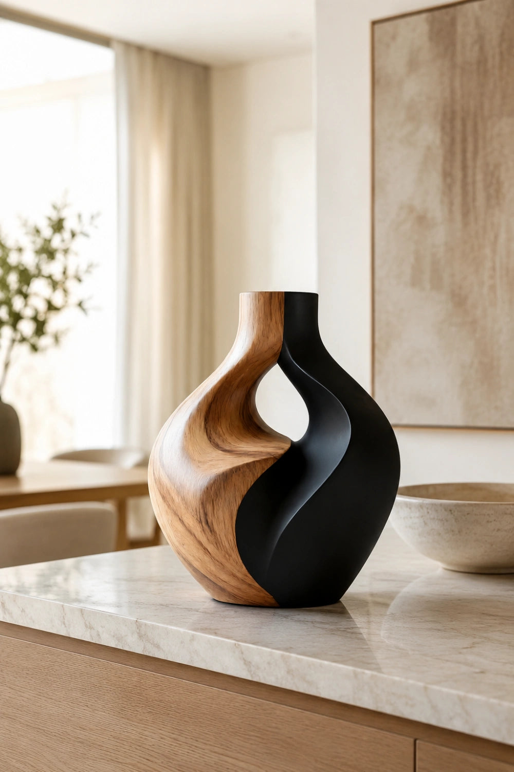 Hand-Carved Abstract Wooden Vase Modern Art Decor For Living Room