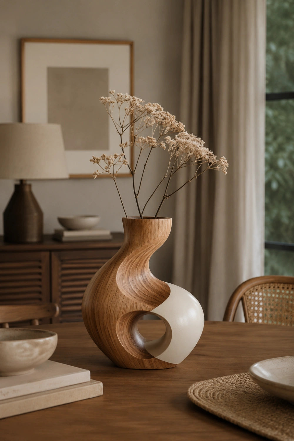 Hand-Carved Abstract Wooden Vase For Modern Home Decor With Unique Geometric Cutout