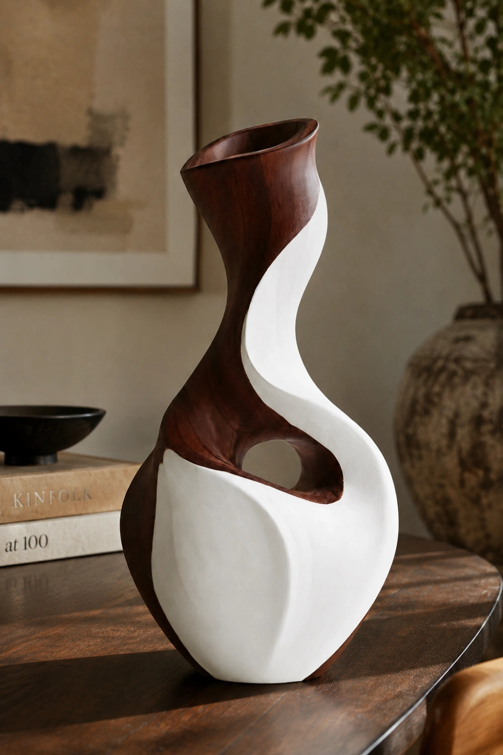 Hand-Carved Abstract Wooden Vase With Contrasting Walnut And White Wood Finish