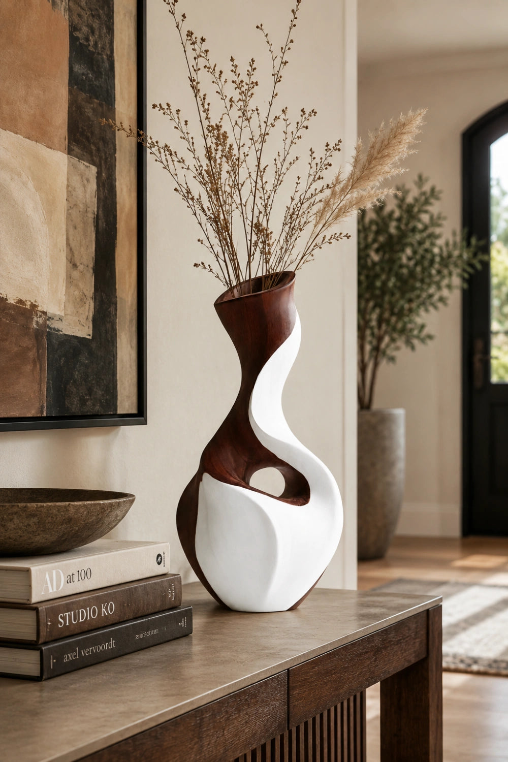 Hand-Carved Abstract Wooden Vase With Contrasting Walnut And White Wood Finish