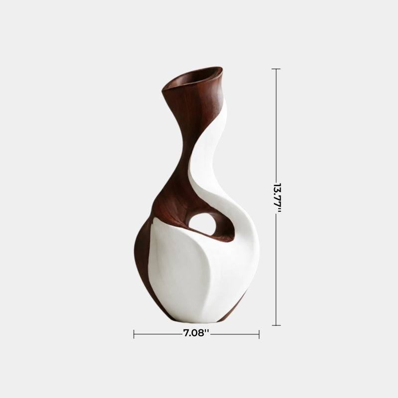 Hand-Carved Abstract Wooden Vase With Contrasting Walnut And White Wood Finish