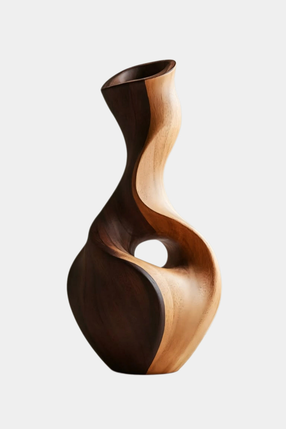 Hand-Carved Abstract Wooden Vase With Dual Tone Walnut Finish For Modern Home Decor