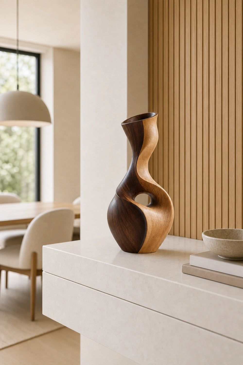 Hand-Carved Abstract Wooden Vase With Dual Tone Walnut Finish For Modern Home Decor