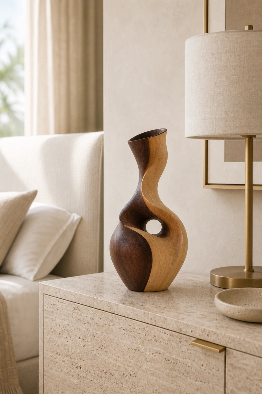Hand-Carved Abstract Wooden Vase With Dual Tone Walnut Finish For Modern Home Decor