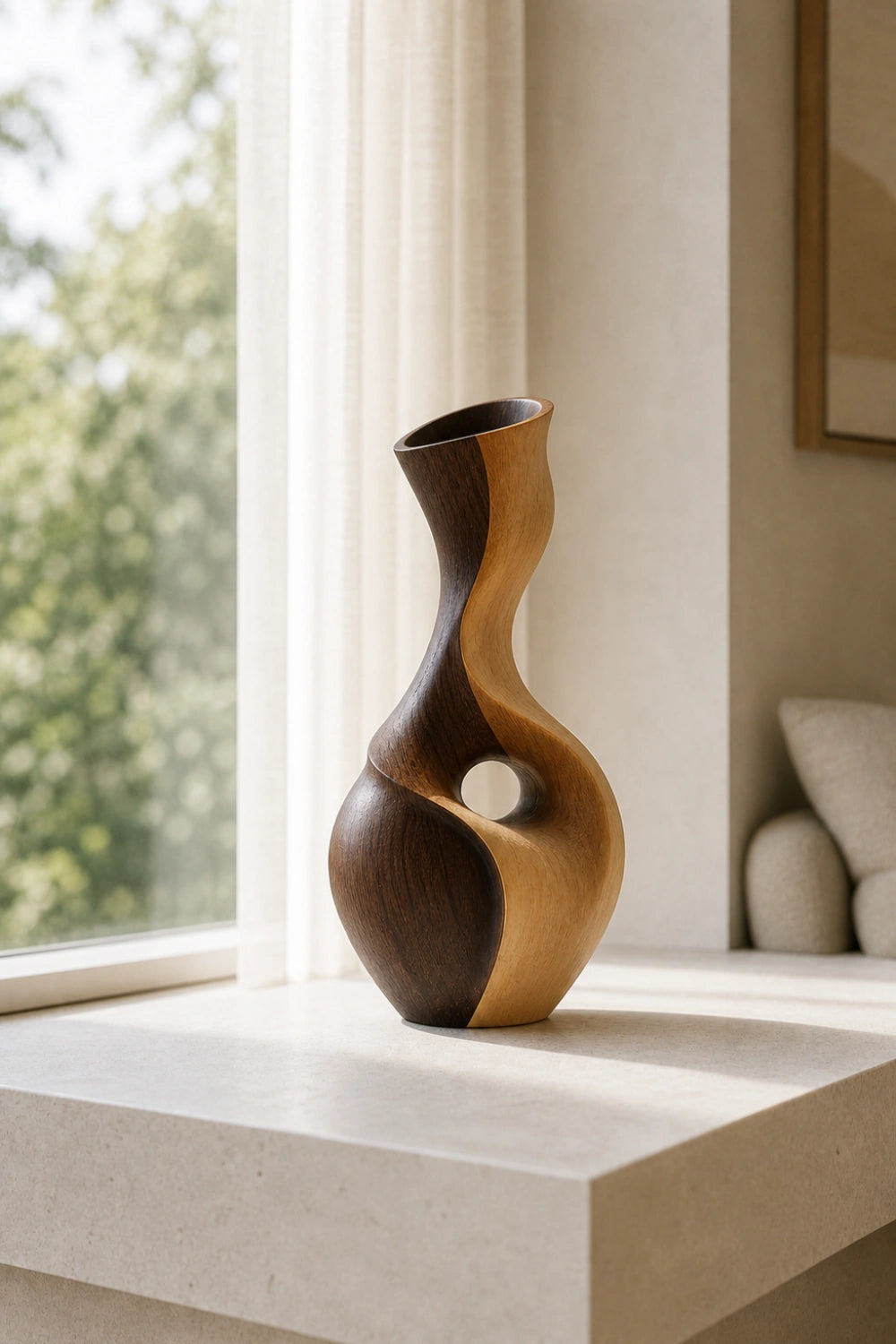 Hand-Carved Abstract Wooden Vase With Dual Tone Walnut Finish For Modern Home Decor