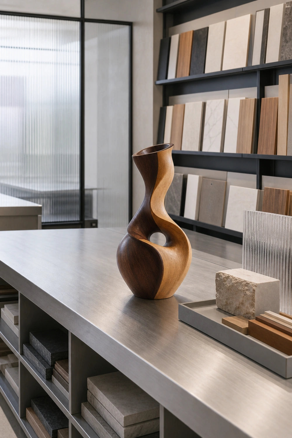 Hand-Carved Abstract Wooden Vase With Dual Tone Walnut Finish For Modern Home Decor