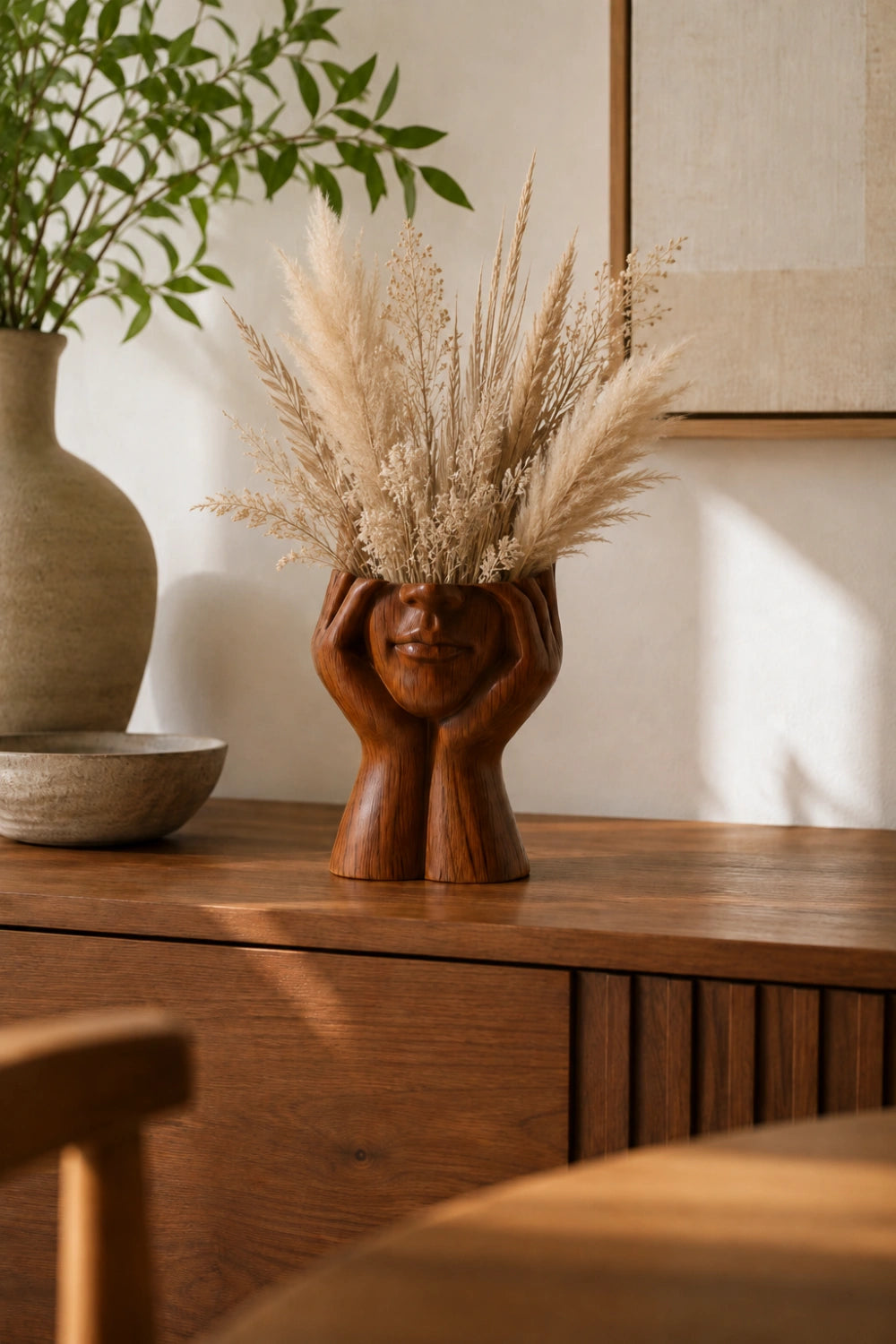 Abstract Face Wooden Vessel | Eclectic Sculptural Decor & Artistic Gift