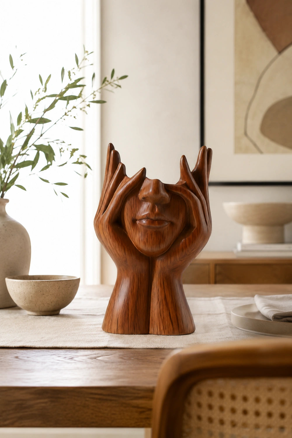 Abstract Face Wooden Vessel | Eclectic Sculptural Decor & Artistic Gift