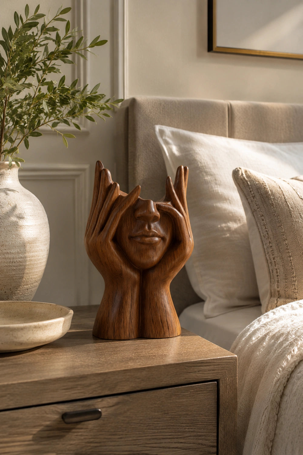 Abstract Face Wooden Vessel | Eclectic Sculptural Decor & Artistic Gift
