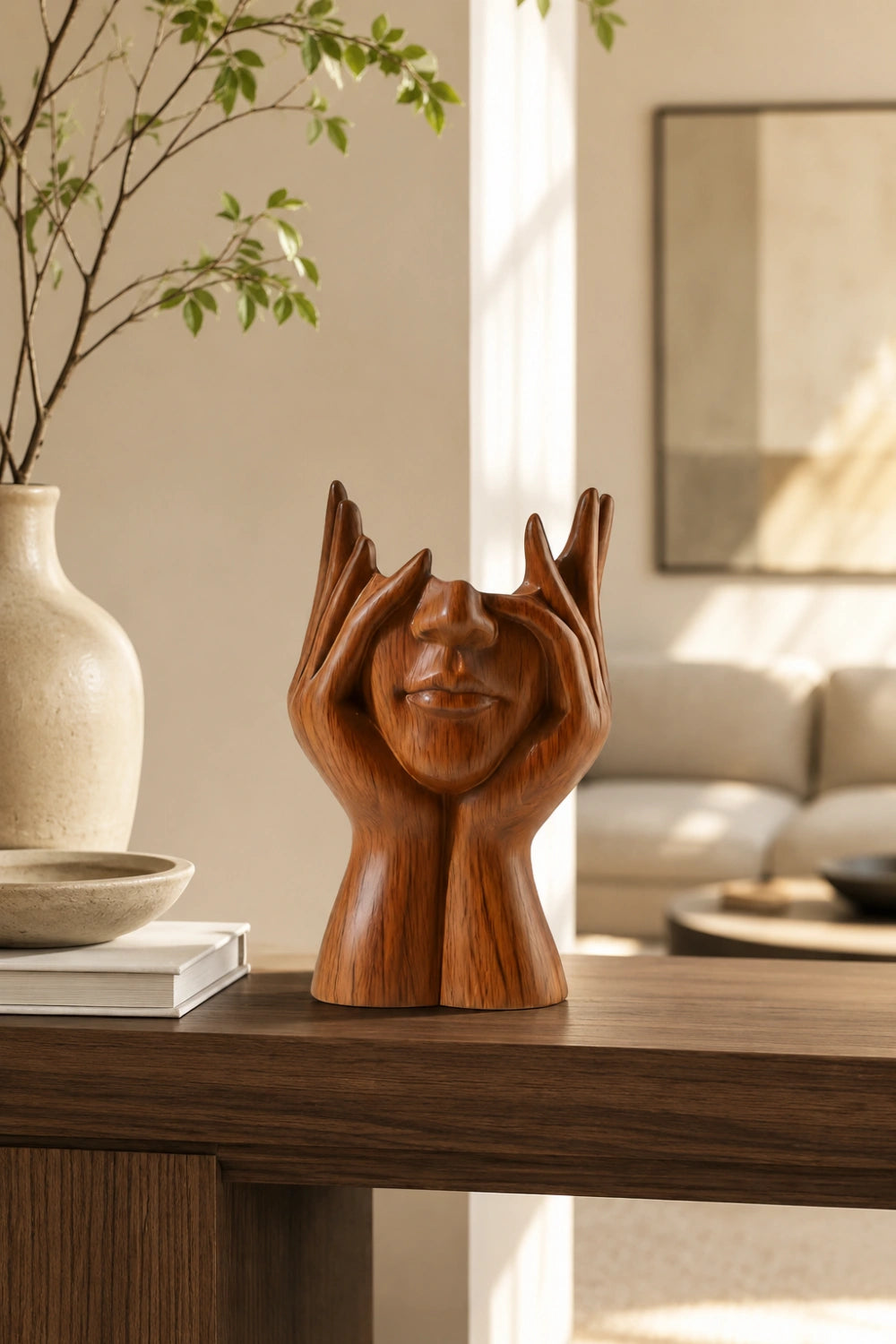 Abstract Face Wooden Vessel | Eclectic Sculptural Decor & Artistic Gift