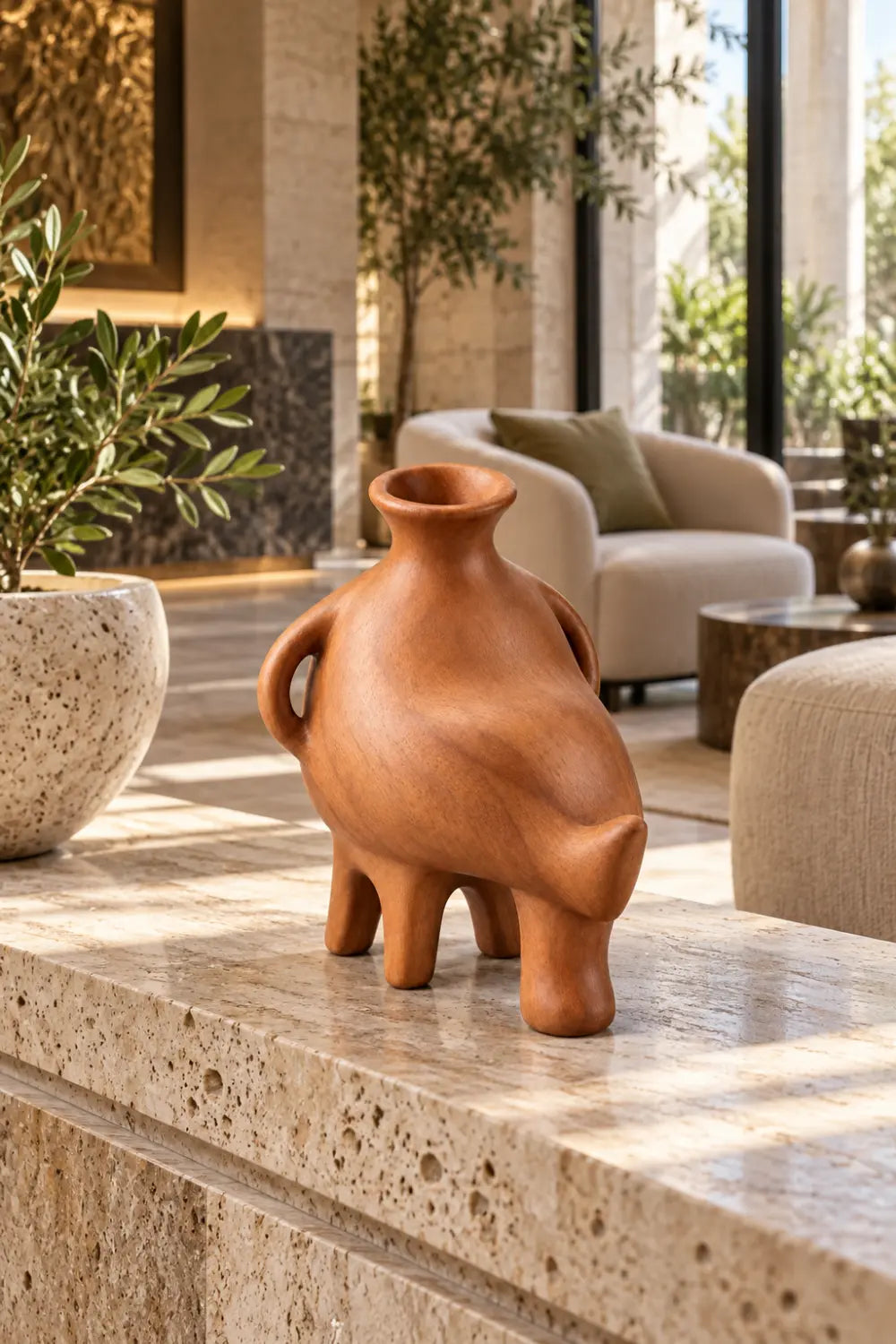 Abstract Zoomorphic Wooden Vase Sculpture | Whimsical Animal Vessel Home Decor